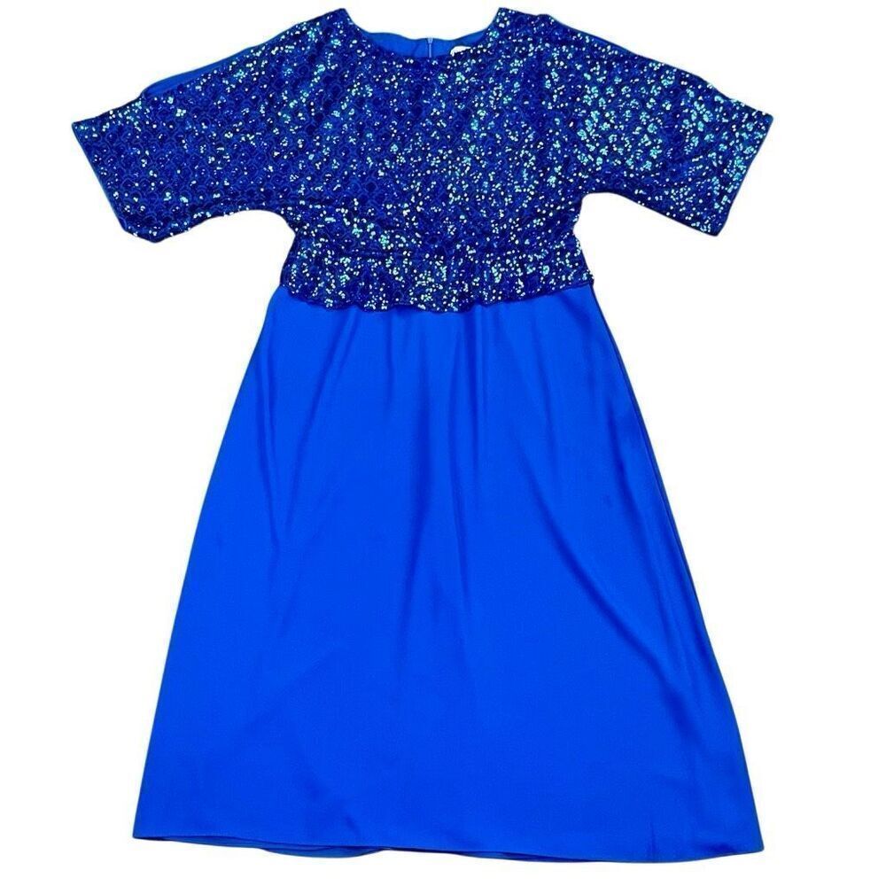 Grace Karin Royal Blue Dress Sequin Top Batwing Sleeves Solid Skirt Large